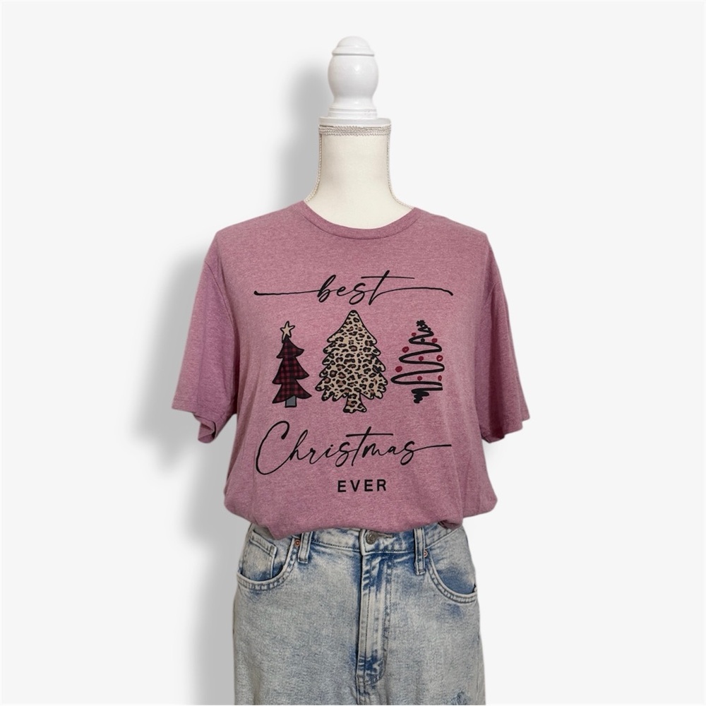 Pink Graphic Christmas T-Shirt “Best Christmas Ever” Leopard Print Trees Large